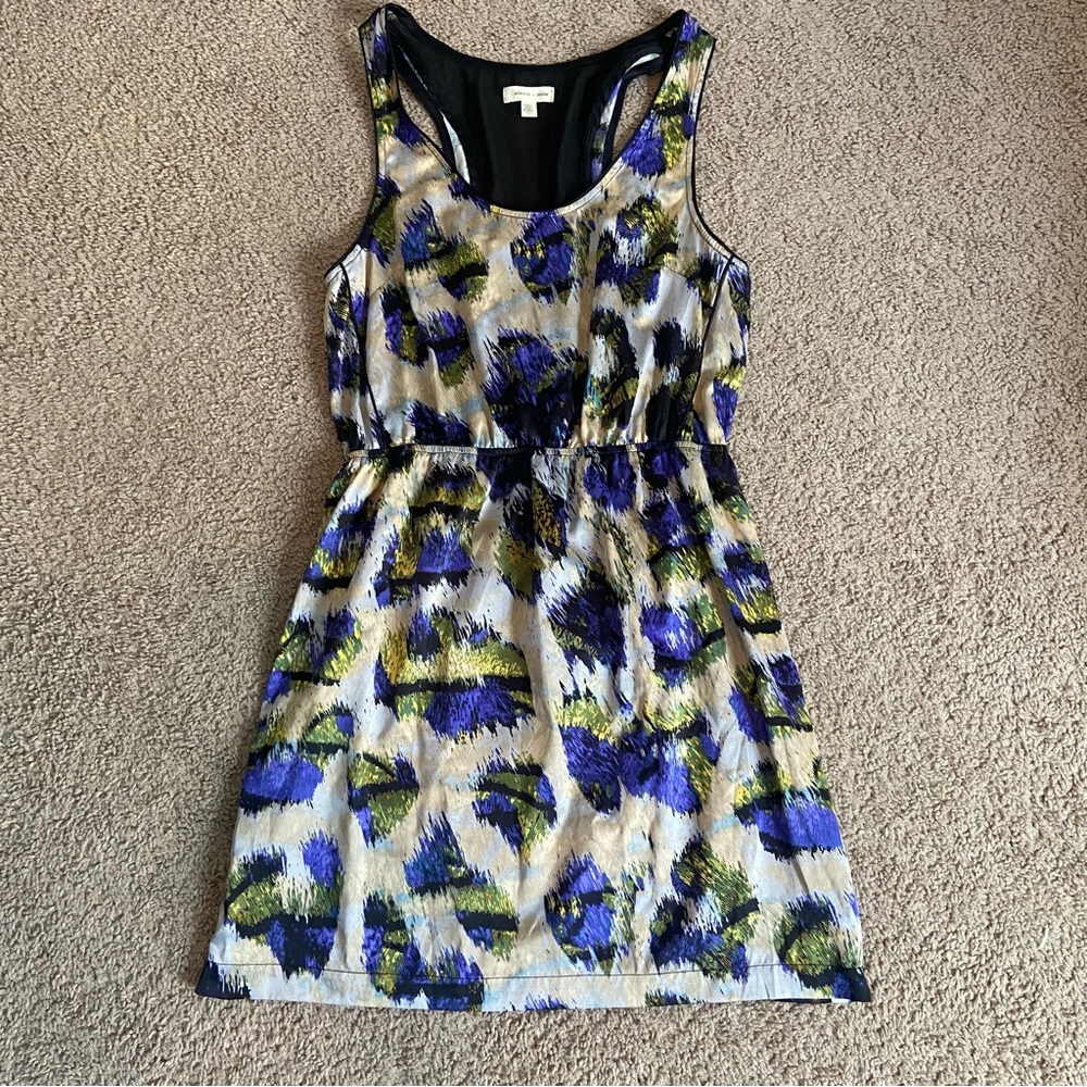 Silence + Noise Black Mesh Back Silky Purple Yellow Feather Print Dress Medium